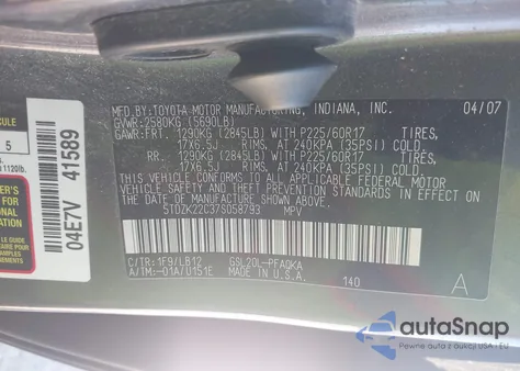 2007 Toyota Sienna Xle from USA, damaged, VIN 5TDZK22C37S058793